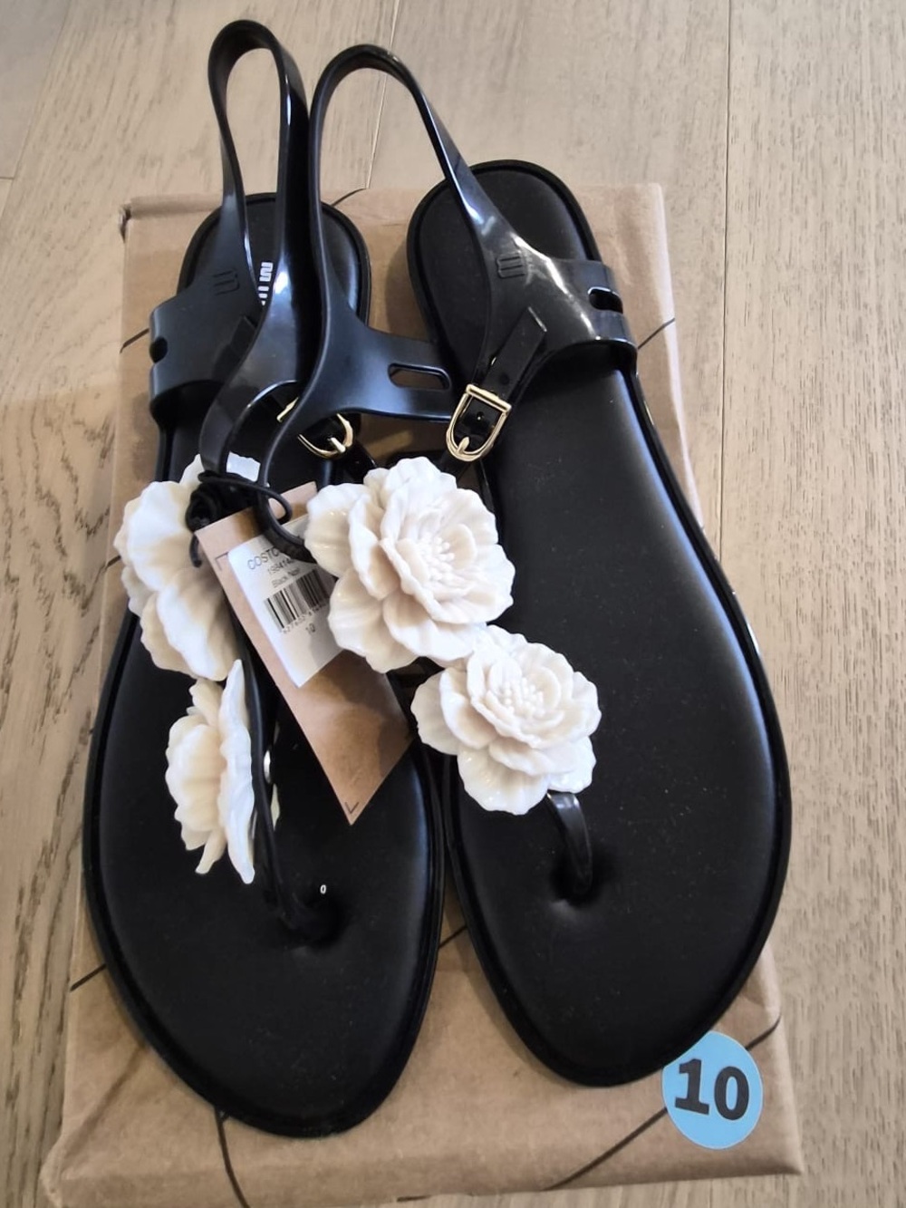 Melissa T-strap Jelly Sandals - Black/Cream | Size 10 | New, In Box